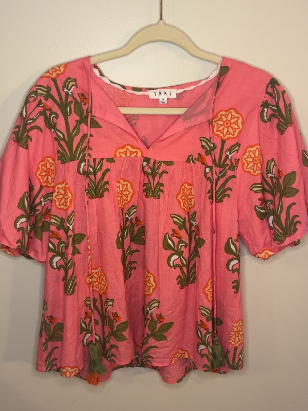 THML Pink Floral Tunic Top with Green and Orange Print